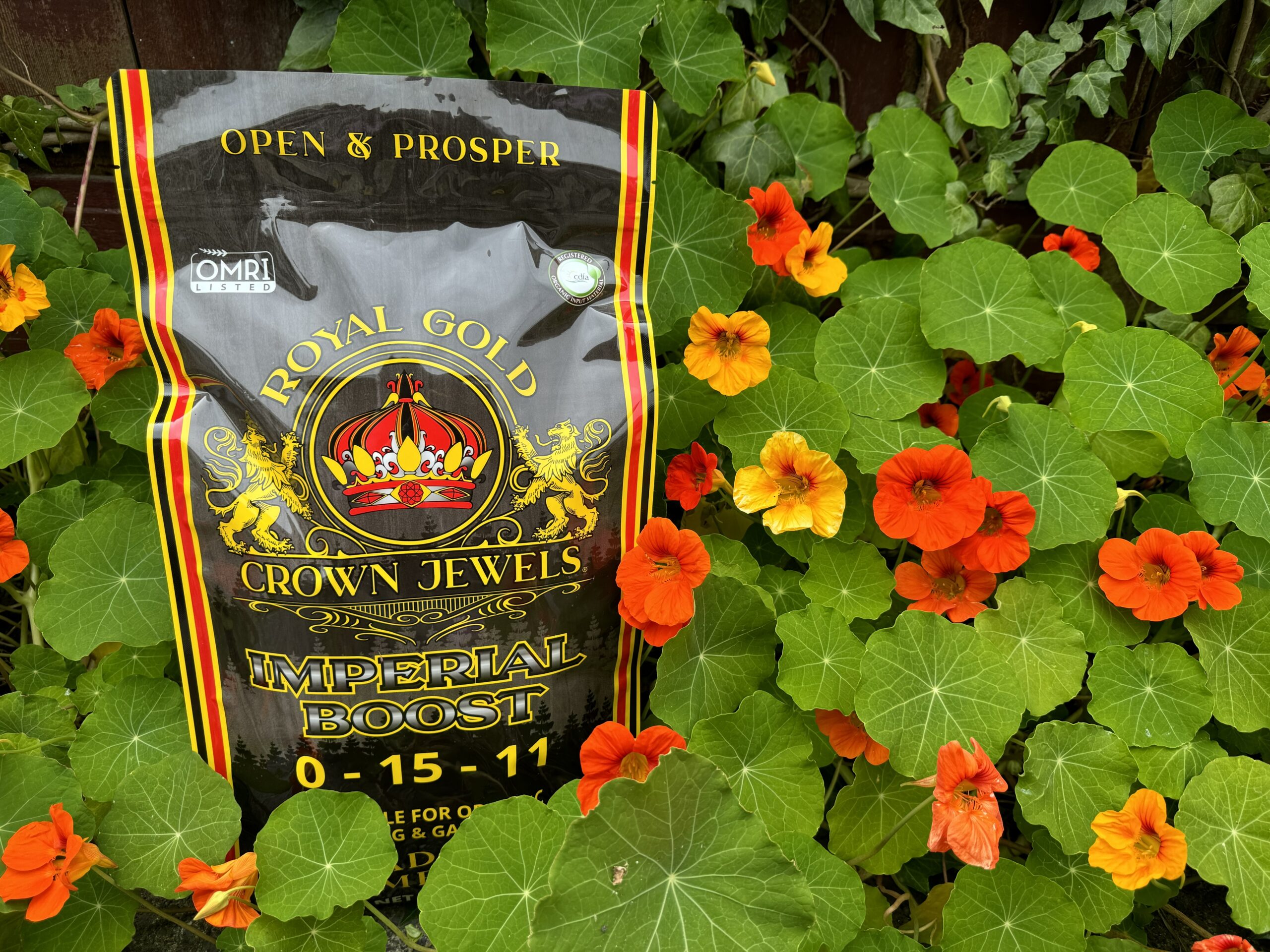 Royal Gold Crown Jewels Imperial Boost bag in a flower patch.